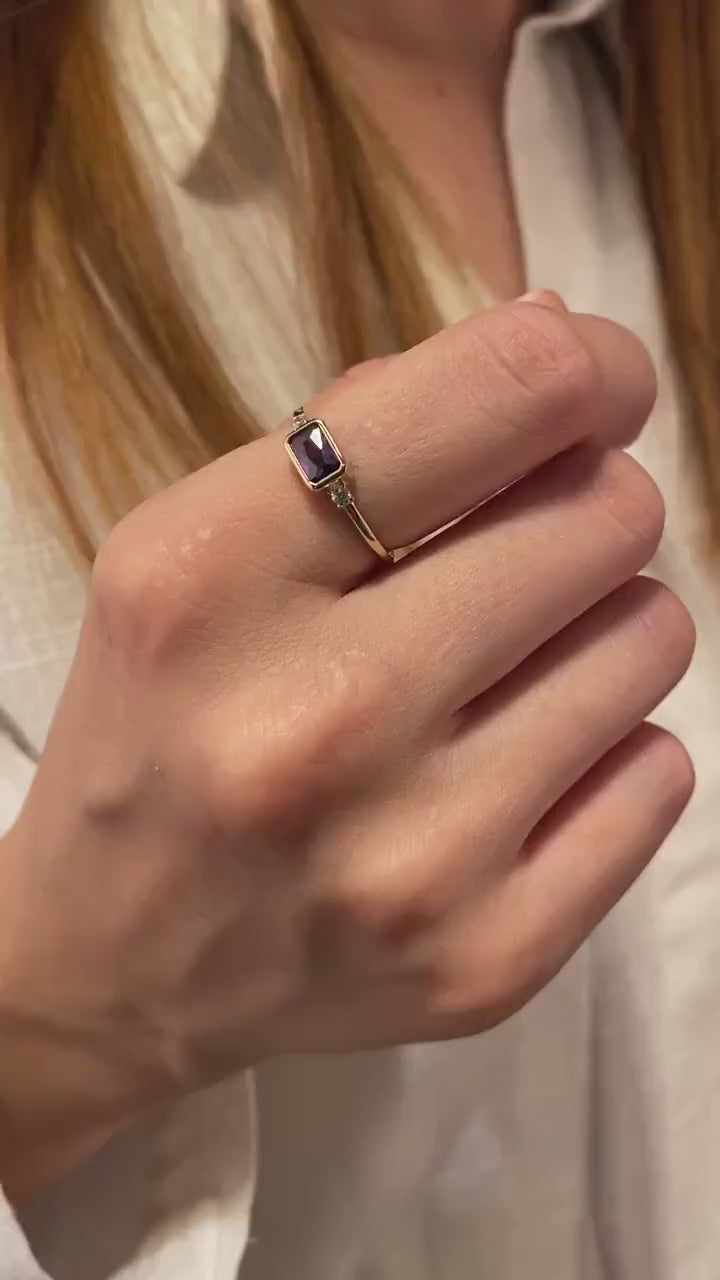 14K Gold Amethyst Ring, Baguette February Birthstone