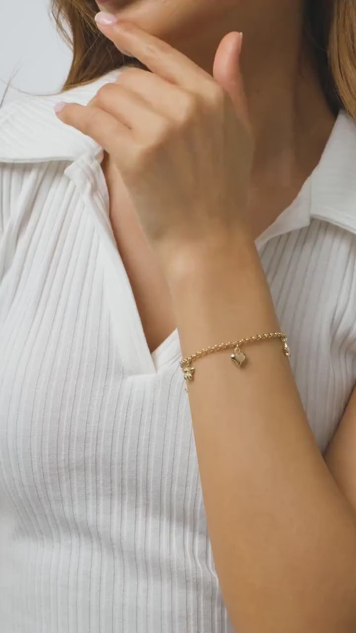14K Gold 3mm Rolo Chain, Gold Heart Charm Bracelet