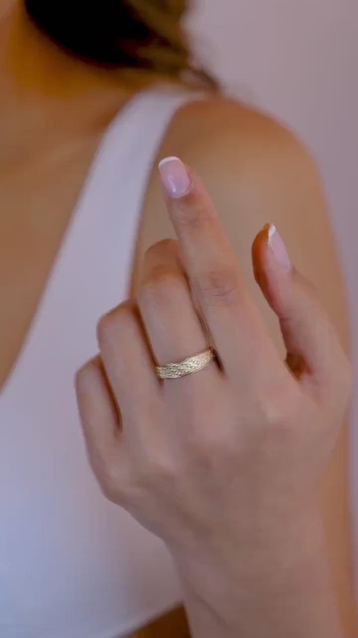 14K Gold Textured Band Ring, Square Pattern Wedding Ring