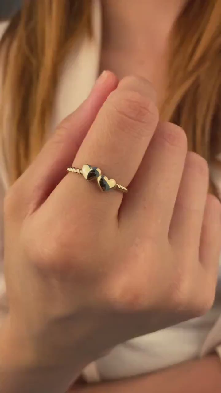 14K Solid Gold Heart Ring, Double Heart Dainty Ring