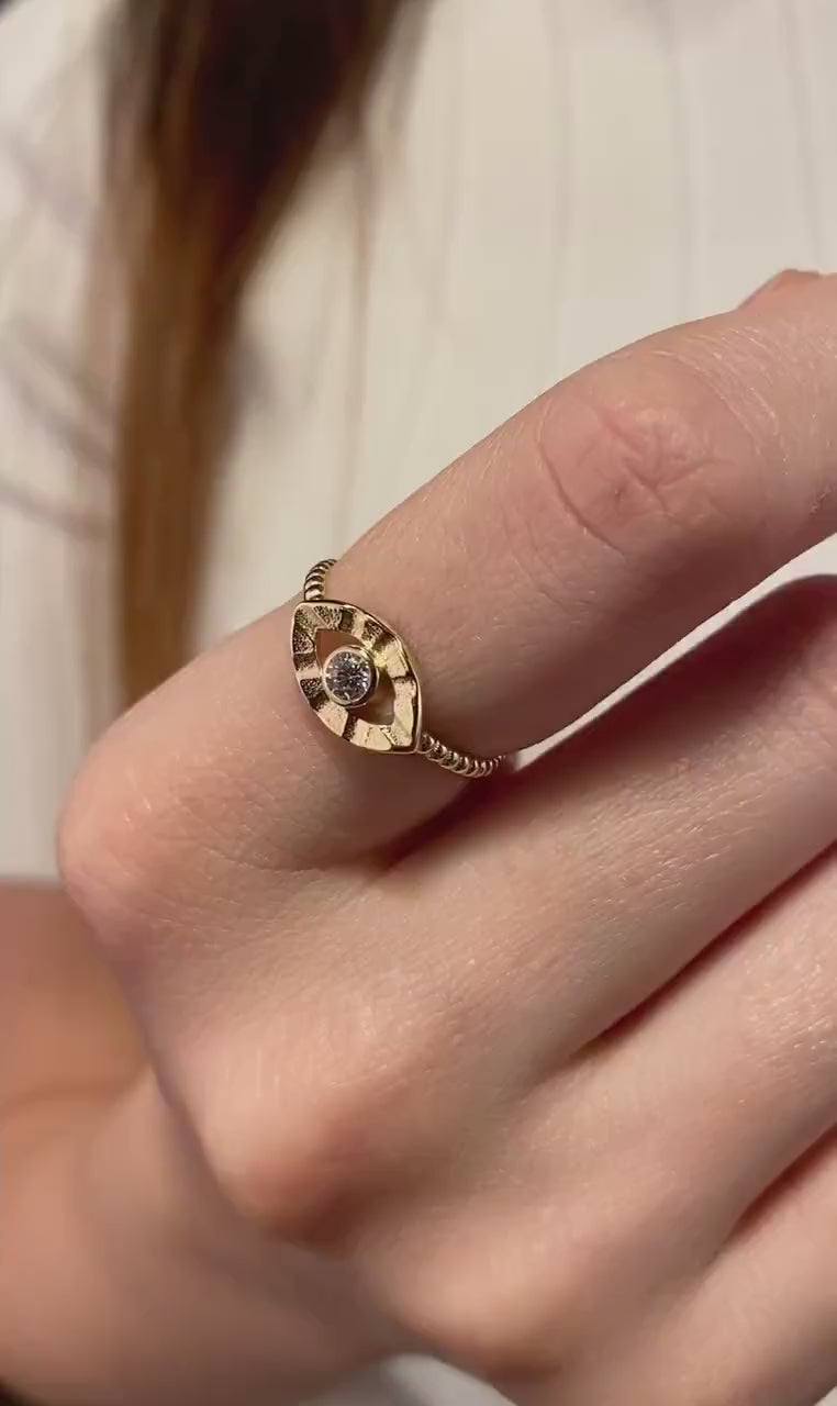 14K Gold Evil Eye Ring, Unique Evil Eye Band Ring