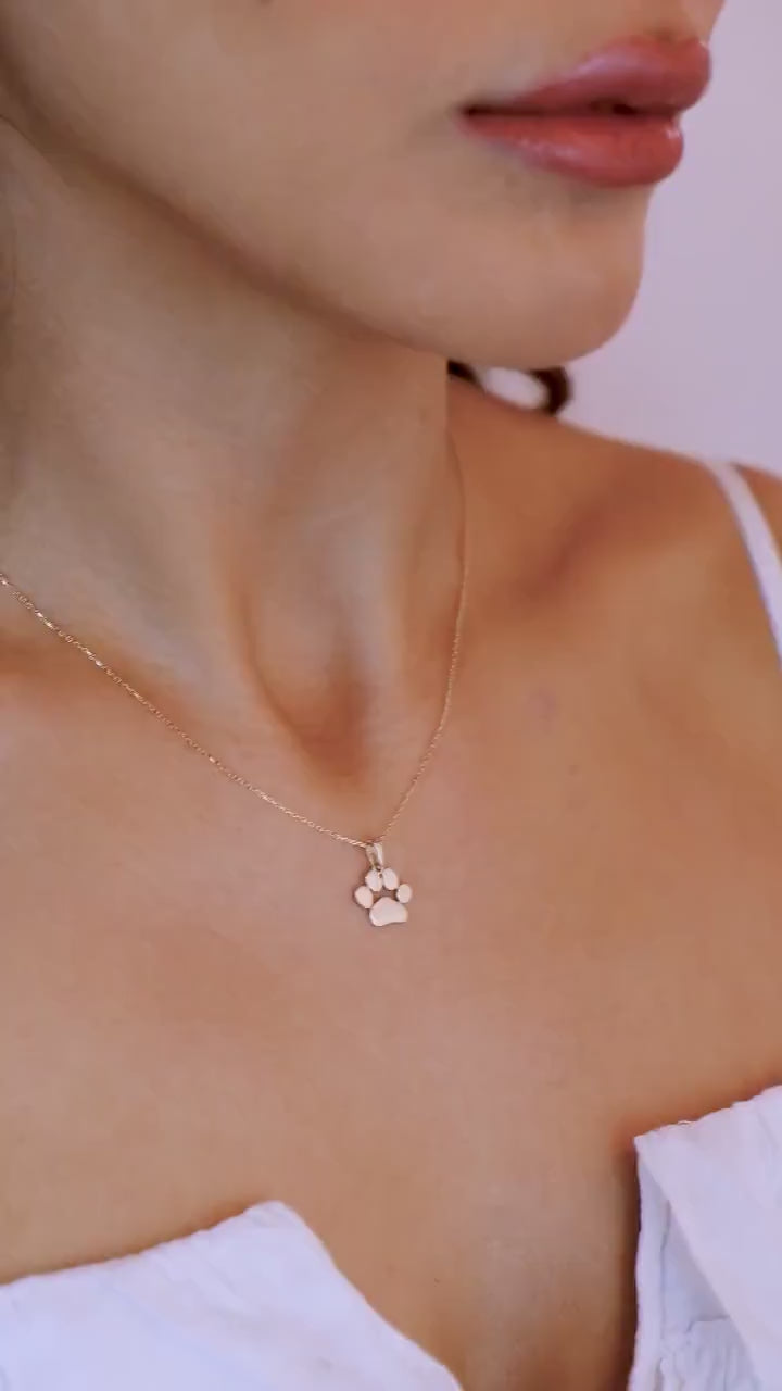 14K Gold Paw Print Name Necklace, Personalized Dog Paw Necklace