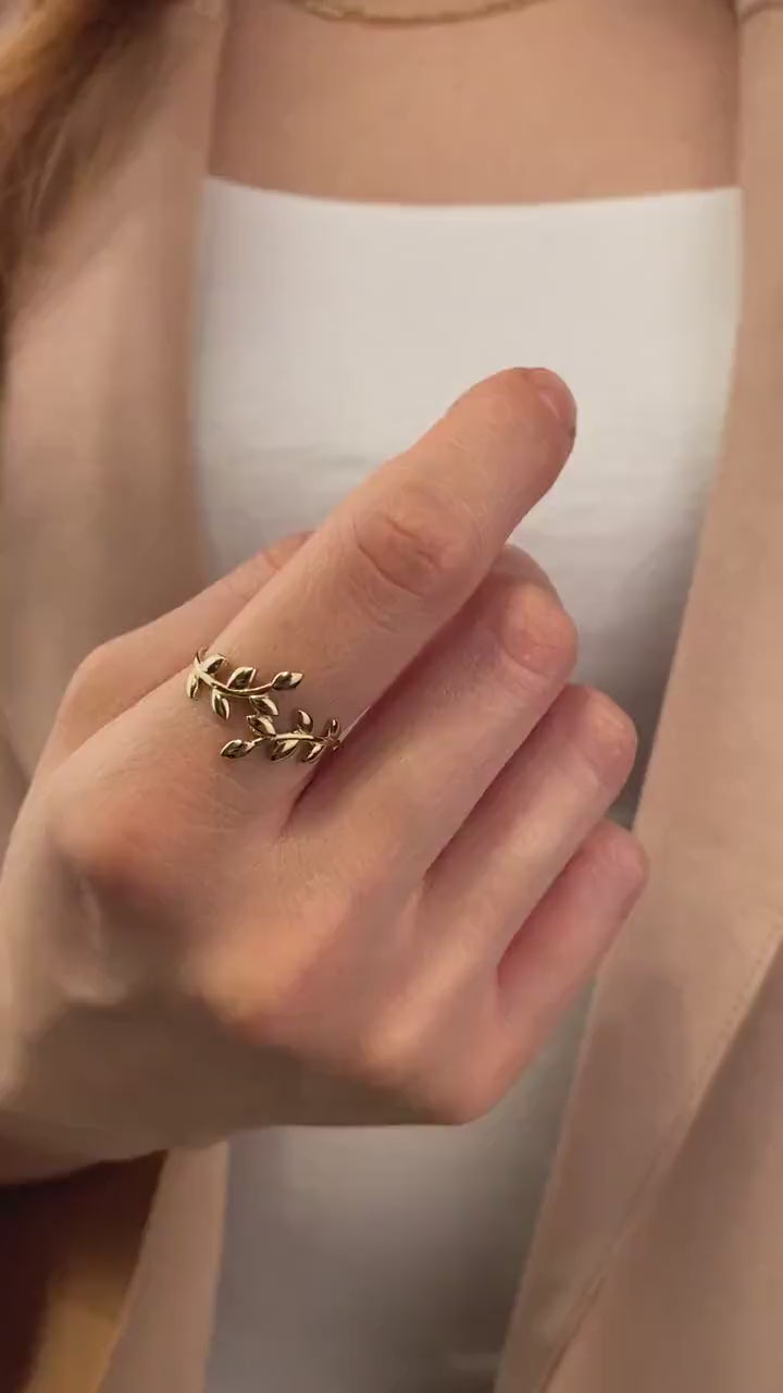 14K Gold Leaf Branch Ring, Gold Leaf Twig Ring
