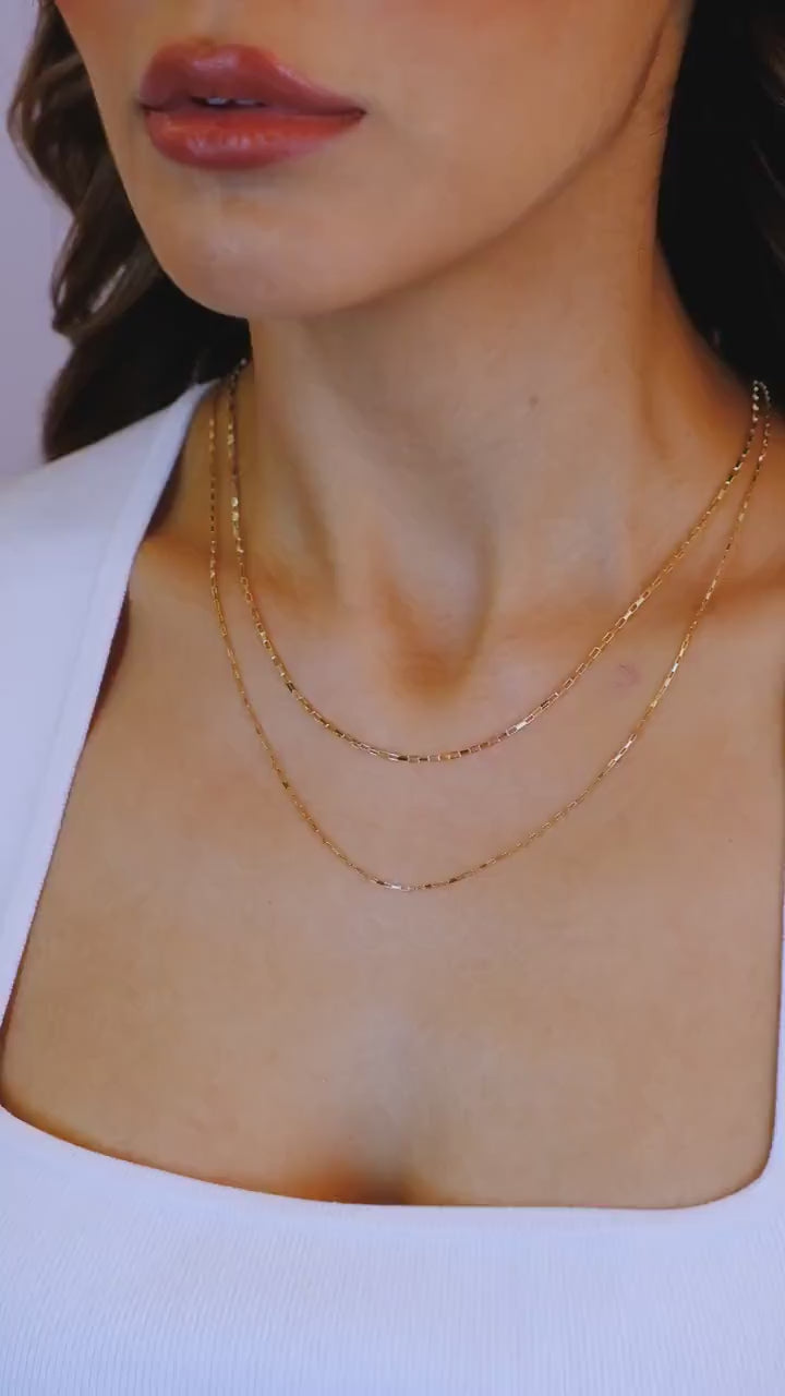 14K Gold Rectangle Box Chain Necklace, 0.90mm 1.35mm Tiny Link Gold Chain Choker