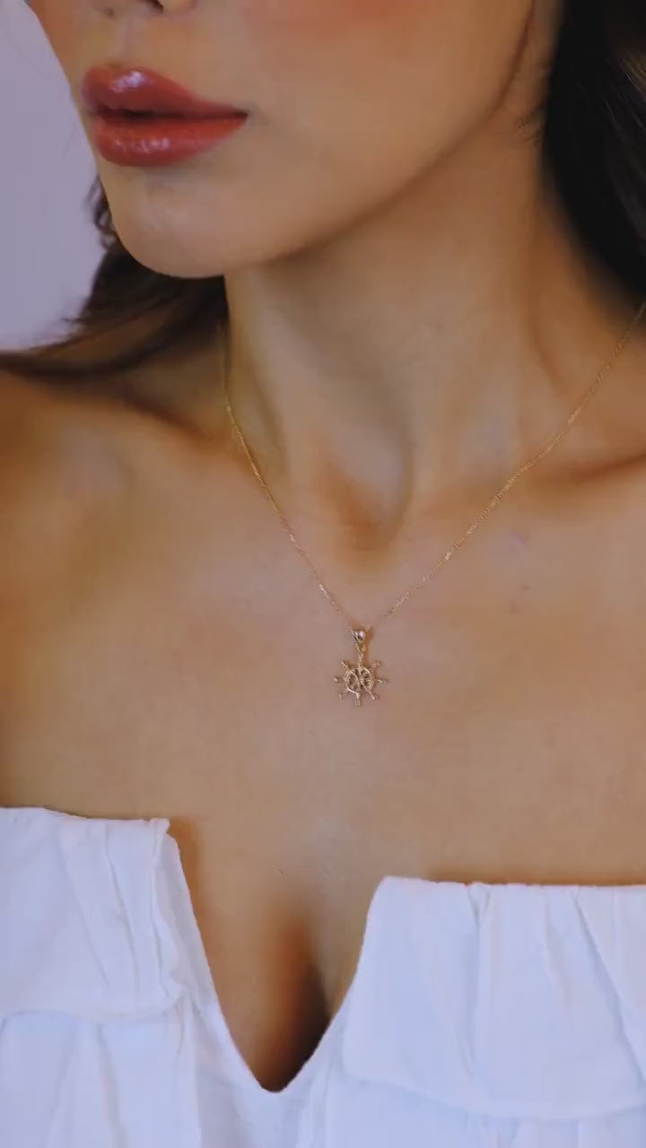 14K Gold Ship Wheel Necklace, Rudder Pendant