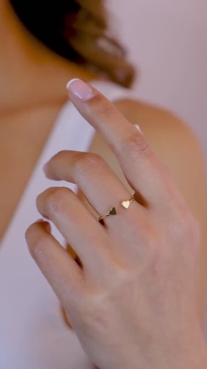 14K Gold Heart Ring, Double Heart Ring