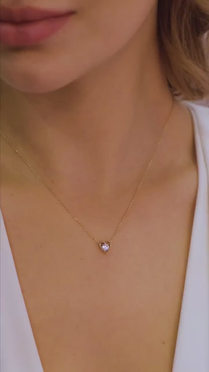 14K Gold Diamond Heart Necklace, Diamond Dainty Pendant