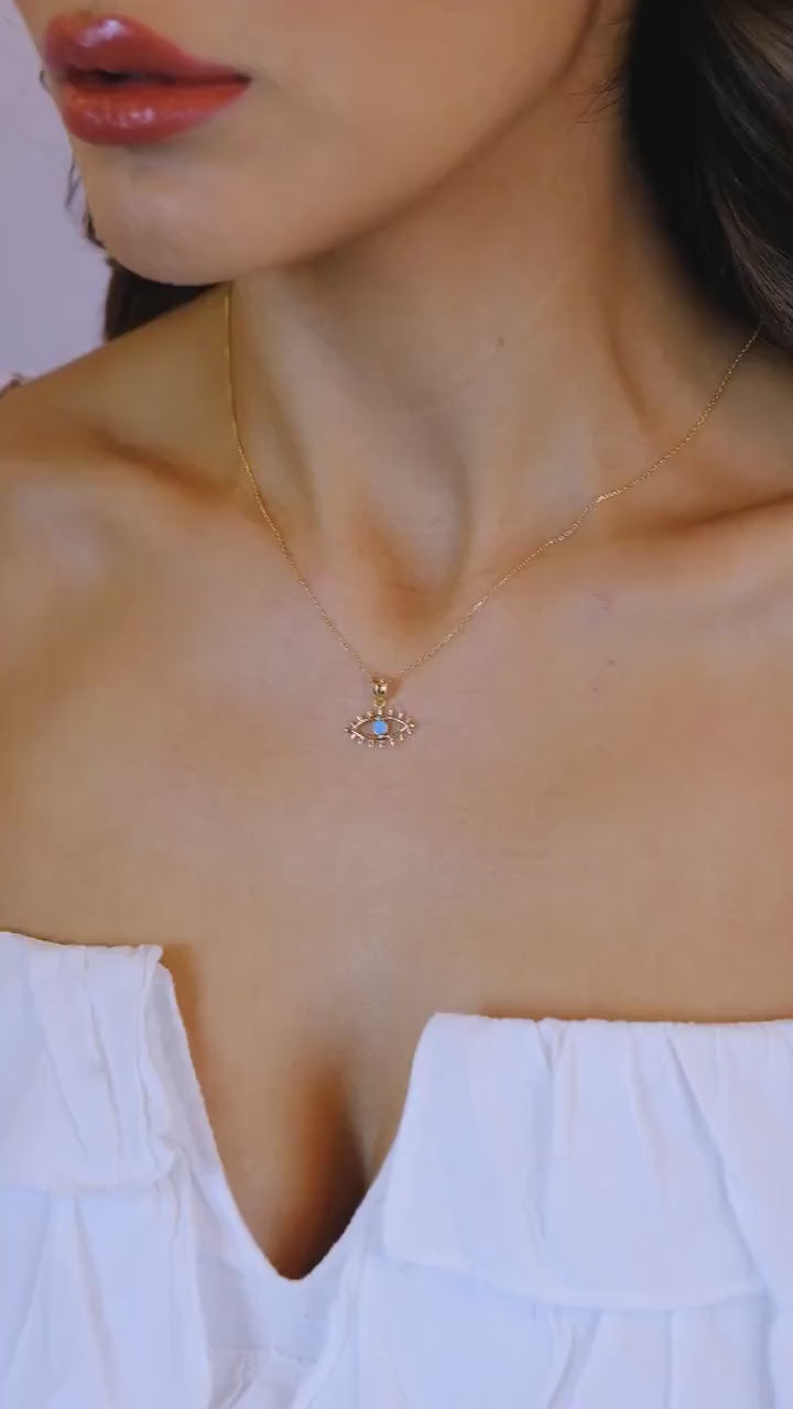 14K Solid Gold Evil Eye Necklace, Eyelash Charm Pendant