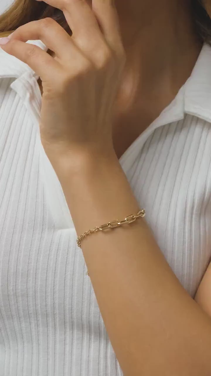 14K Gold Paperclip Rolo Chain Bracelet, Rectangle Paper Clip Chain