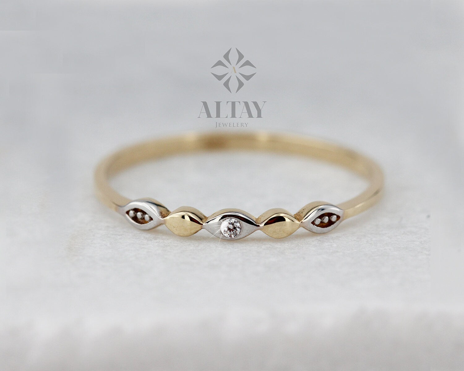 14K Solid Gold Ring, CZ Diamond Stacking Band, Two Tone Wedding Band, Diamond Ring, Eternity Band, Stackable Ring, Gift For Her