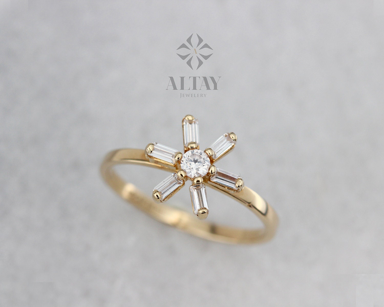 14K Solid Gold Flower Ring, Baguette Stackable Band, CZ Diamond Statement Ring, Dainty Daisy Ring, Promise Ring, Engagement Ring, Gift