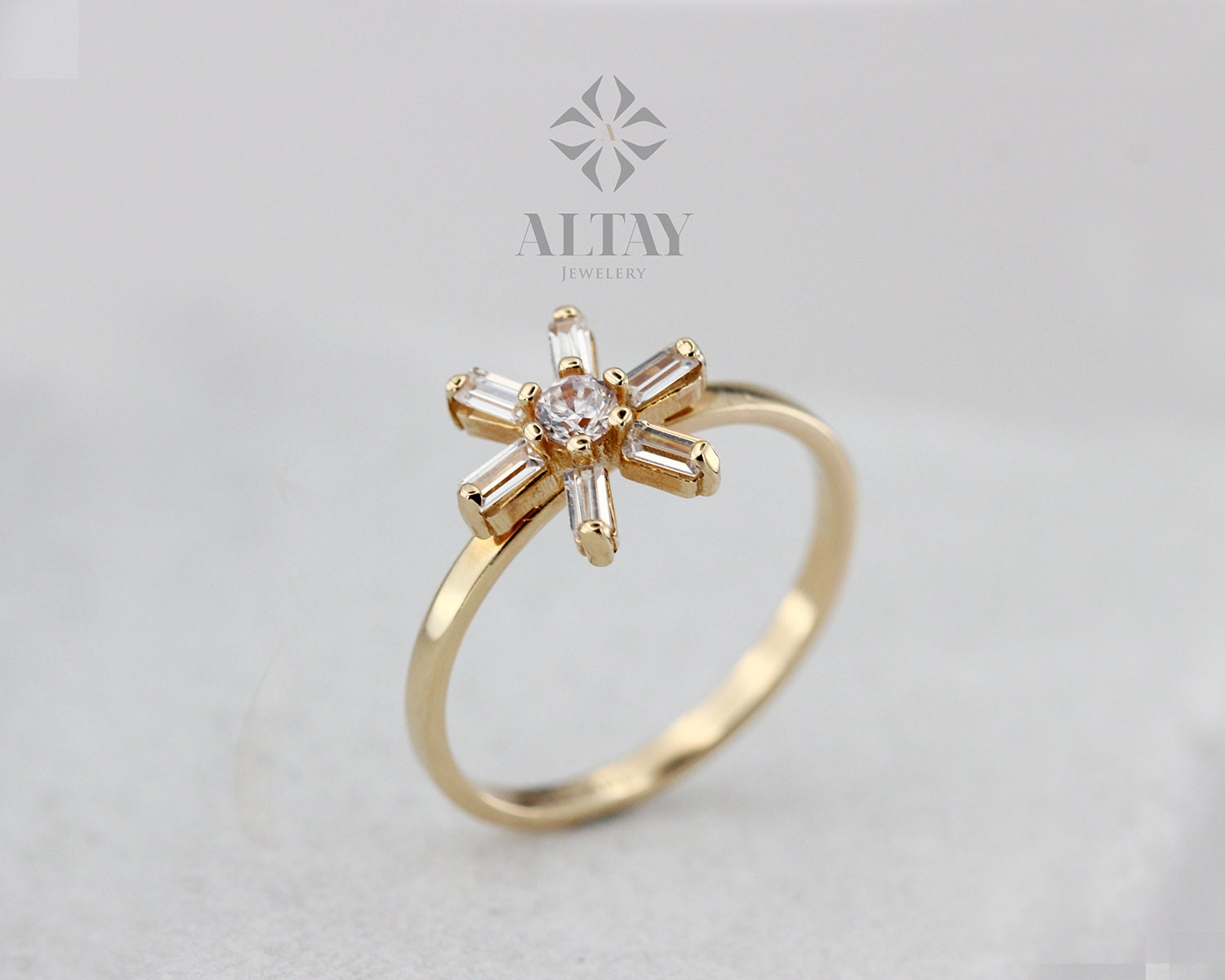 14K Solid Gold Flower Ring, Baguette Stackable Band, CZ Diamond Statement Ring, Dainty Daisy Ring, Promise Ring, Engagement Ring, Gift