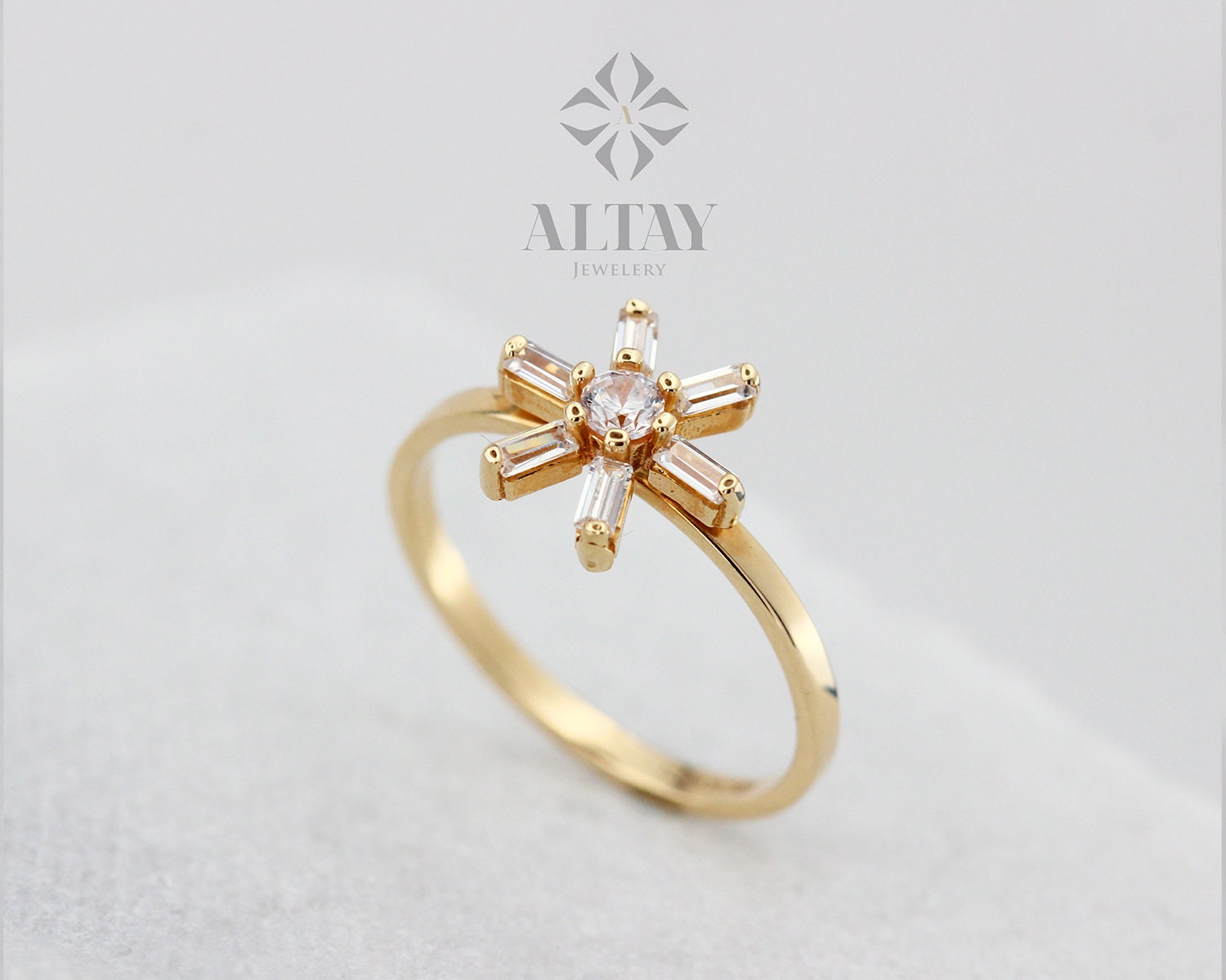 14K Solid Gold Flower Ring, Baguette Stackable Band, CZ Diamond Statement Ring, Dainty Daisy Ring, Promise Ring, Engagement Ring, Gift