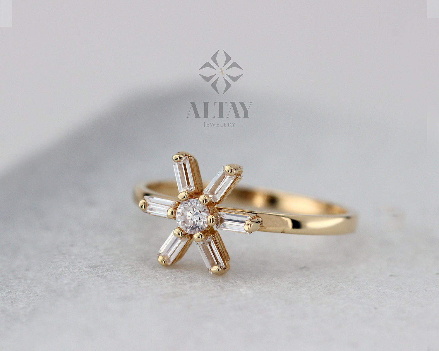 14K Solid Gold Flower Ring, Baguette Stackable Band, CZ Diamond Statement Ring, Dainty Daisy Ring, Promise Ring, Engagement Ring, Gift