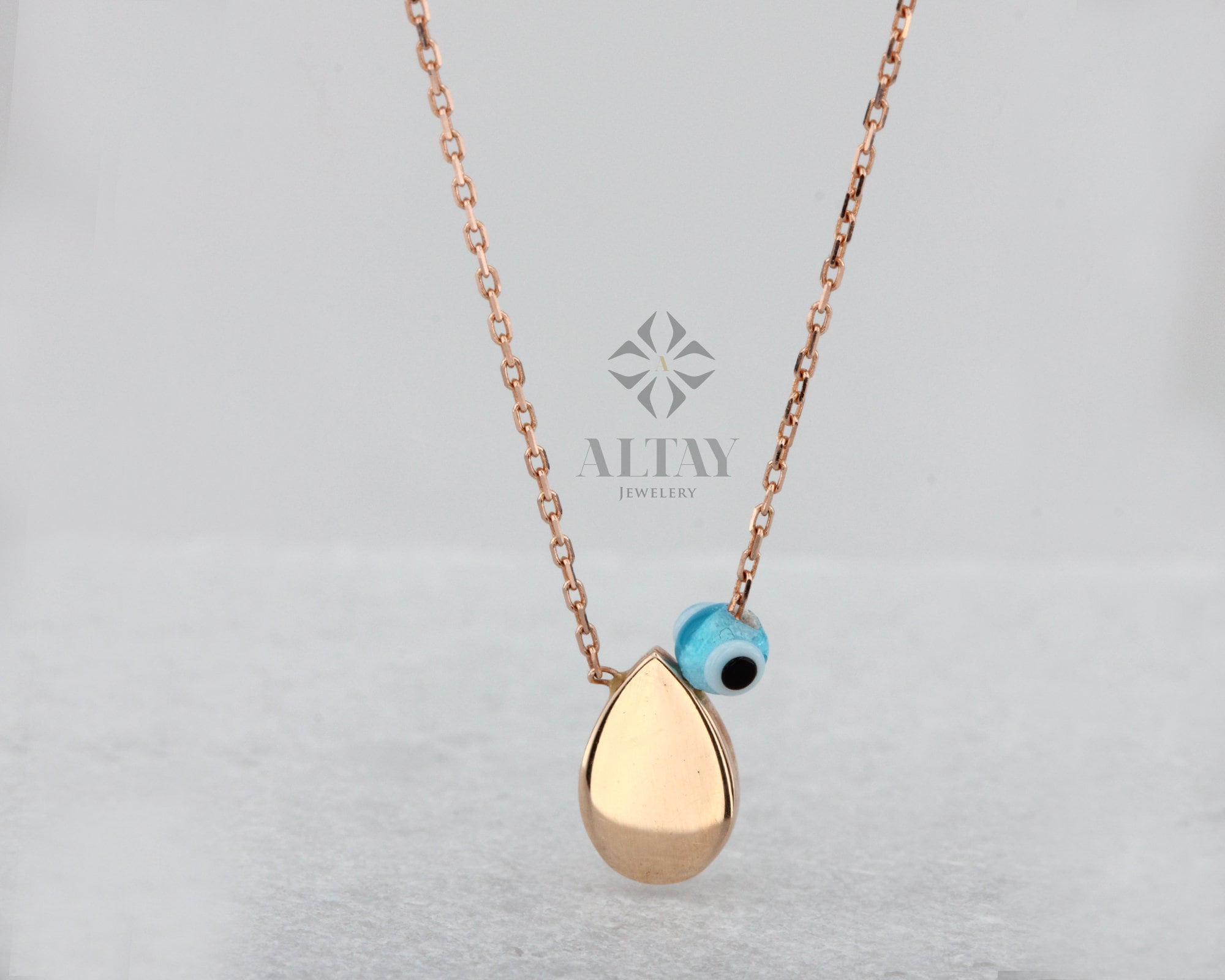 14K Solid Gold Tear Drop Necklace, Pear Shape Pendant, Evil Eye Necklace, Minimalist Drop Charm, Delicate Good Fortune Symbol, Gift for Her