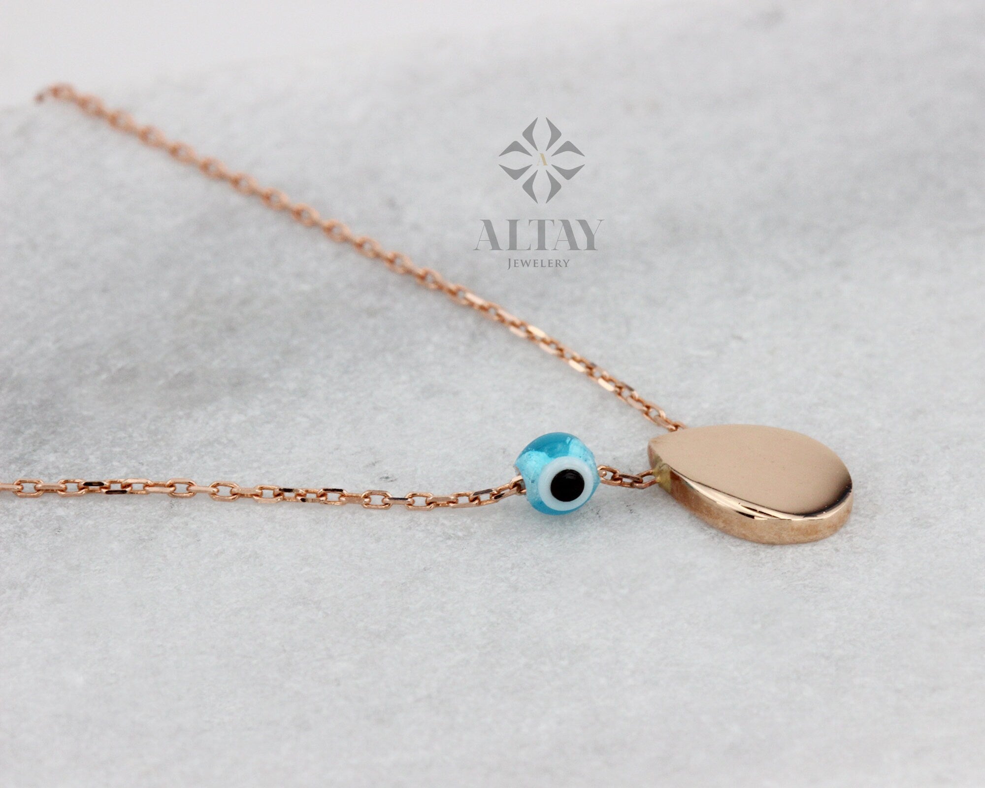 14K Solid Gold Tear Drop Necklace, Pear Shape Pendant, Evil Eye Necklace, Minimalist Drop Charm, Delicate Good Fortune Symbol, Gift for Her