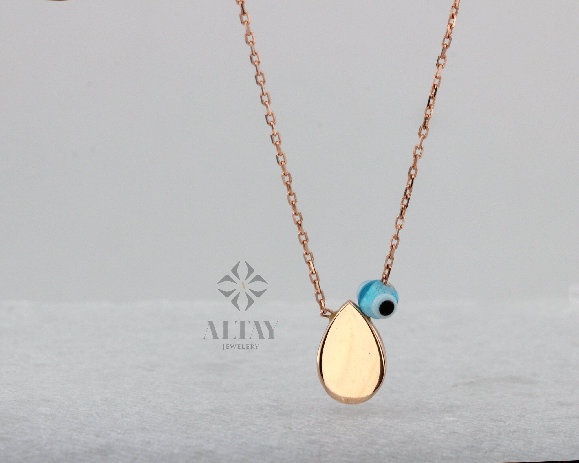 14K Solid Gold Tear Drop Necklace, Pear Shape Pendant, Evil Eye Necklace, Minimalist Drop Charm, Delicate Good Fortune Symbol, Gift for Her