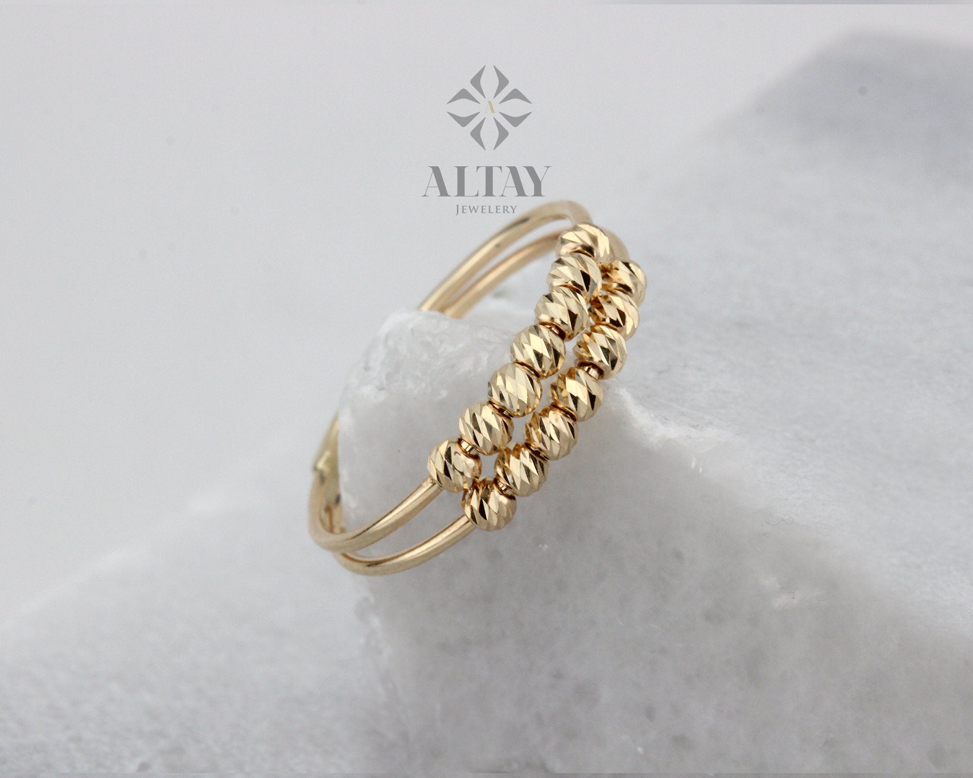 Dorica Beaded 14k Solid Gold Ring, Stackable, Dainty, Delicate Ring, Gift For Her, Jewelery, Anniversary, Dual Bands, Mini Balls, Jewelry