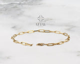 14K Solid Gold Paperclip Chain Bracelet, Small Staple