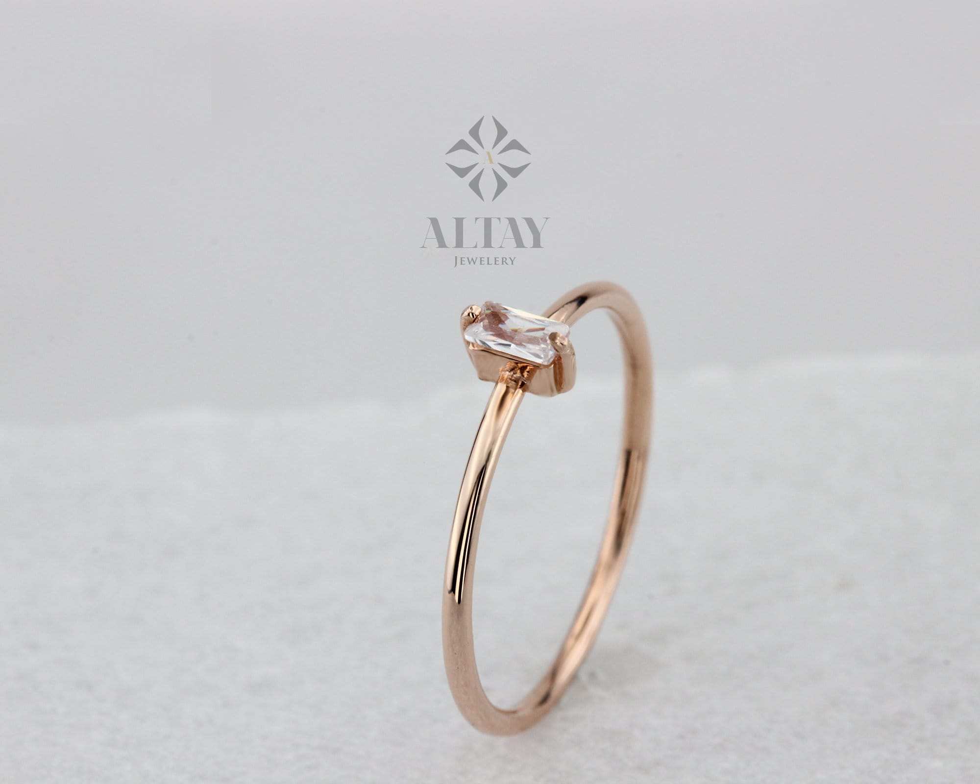 14K Gold Birthstone Baguette Ring, Custom Gemstone Ring, Personalized Solitaire Band, Dainty Ring, Stacking Ring, Gold Simple Ring Women