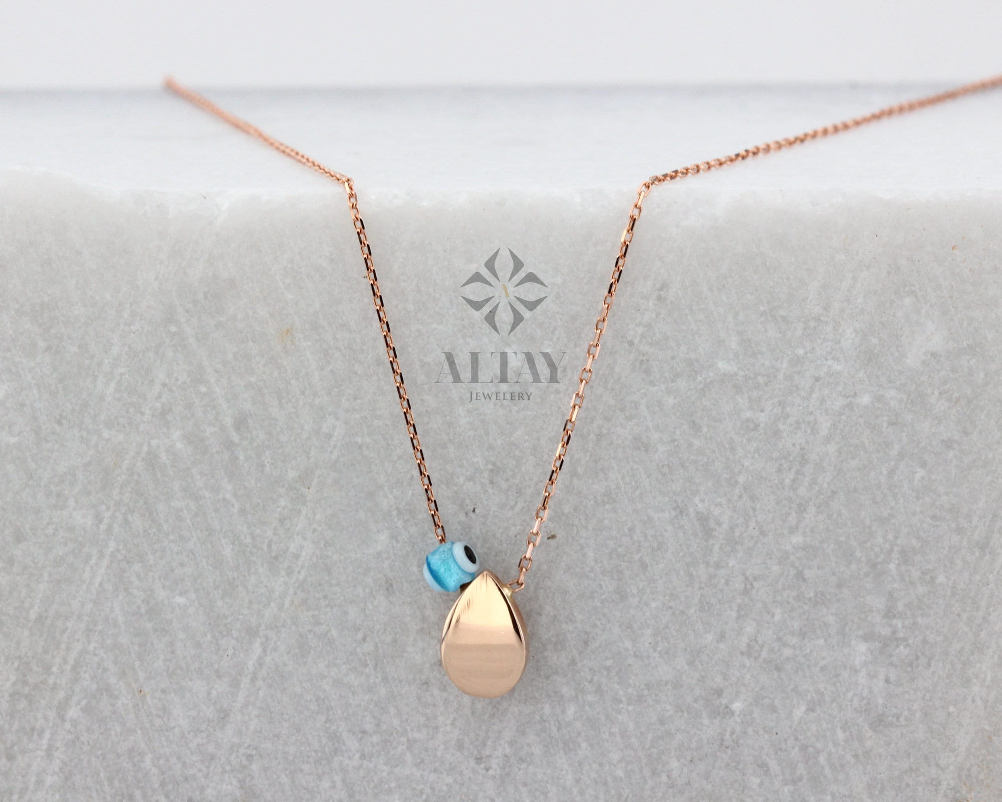 14K Solid Gold Tear Drop Necklace, Pear Shape Pendant, Evil Eye Necklace, Minimalist Drop Charm, Delicate Good Fortune Symbol, Gift for Her