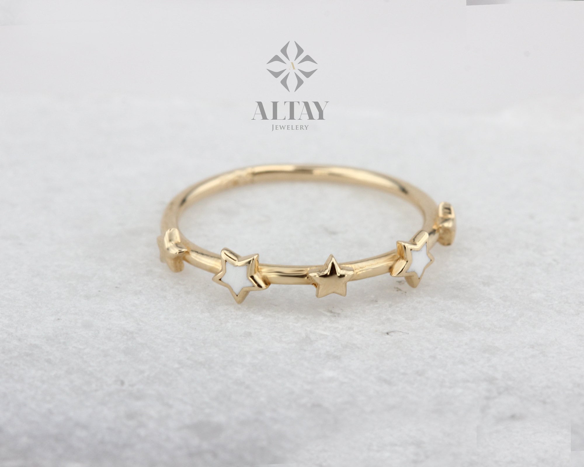 14K Solid Gold Stars Ring, Five Star Dainty Ring, Minimalist Stackable Ring, Blue Star Thin Knuckle Ring, Gift For Her, Daily Wear Jewelry