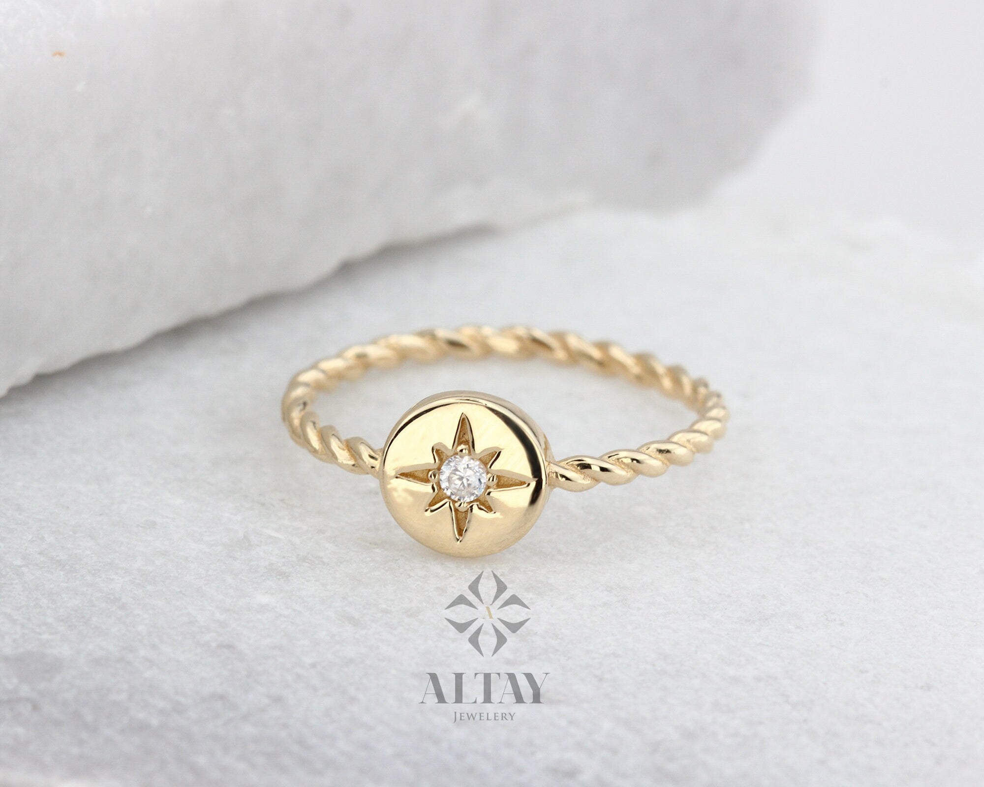 14K Gold Star Signet Ring, Signet Star Ring, Beaded Star Signet Ring, Minimalist Dainty Ring, Gift For Her, Star Setting,Stackable Thin Ring