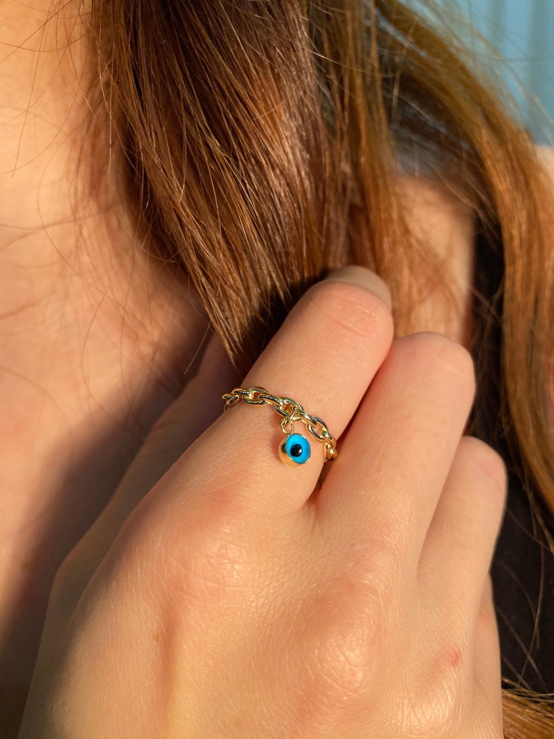 14K Gold Evil Eye Link Ring, Evil Eye Charm Ring, Good Luck Symbol, Turquoise Stone Ring, Protection Ring, Gift For Her, Minimalist Jewelry