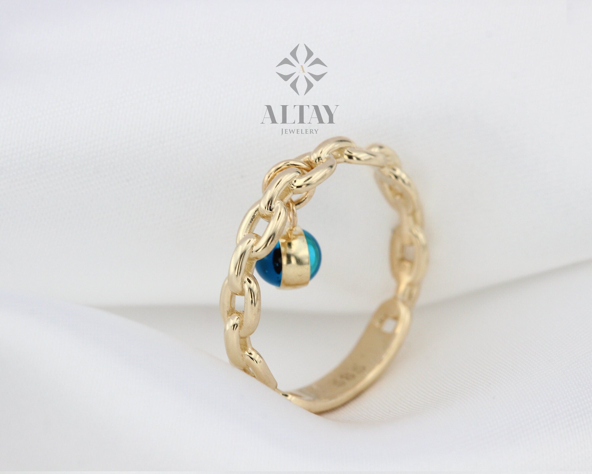 14K Gold Evil Eye Link Ring, Evil Eye Charm Ring, Good Luck Symbol, Turquoise Stone Ring, Protection Ring, Gift For Her, Minimalist Jewelry