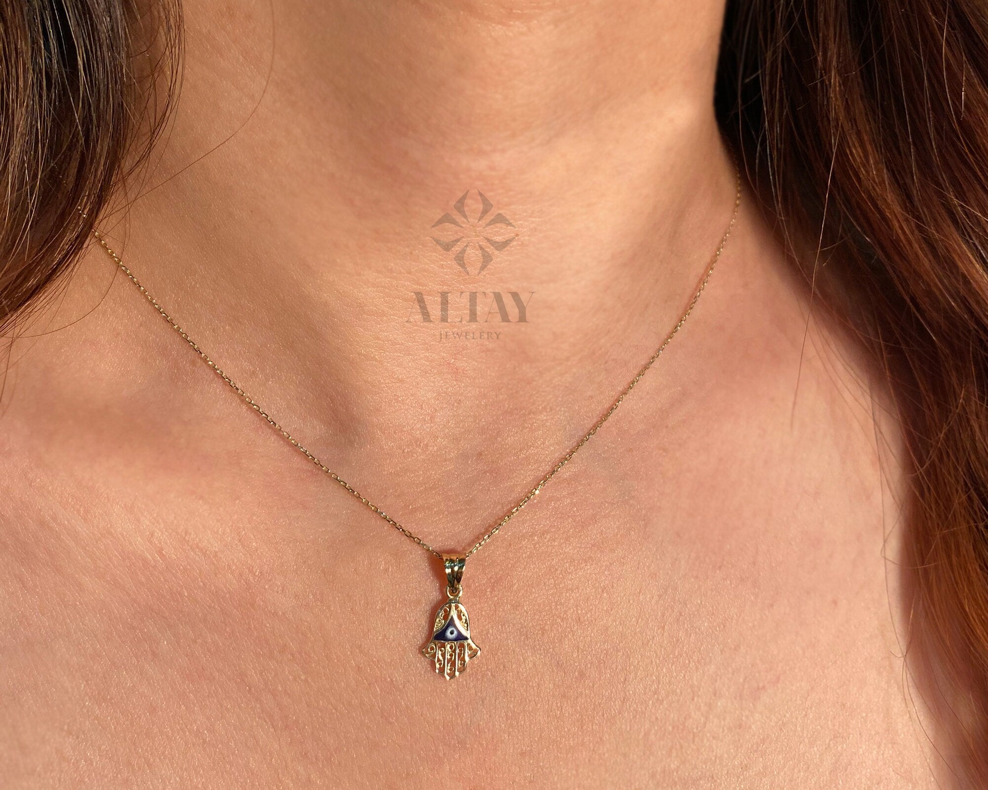 14K Gold Hamsa Pendant Necklace, Hand of Fatima Charm, Evil Eye Necklace, Religious Jewelry, Good Luck Protection Symbol, Gift For Her