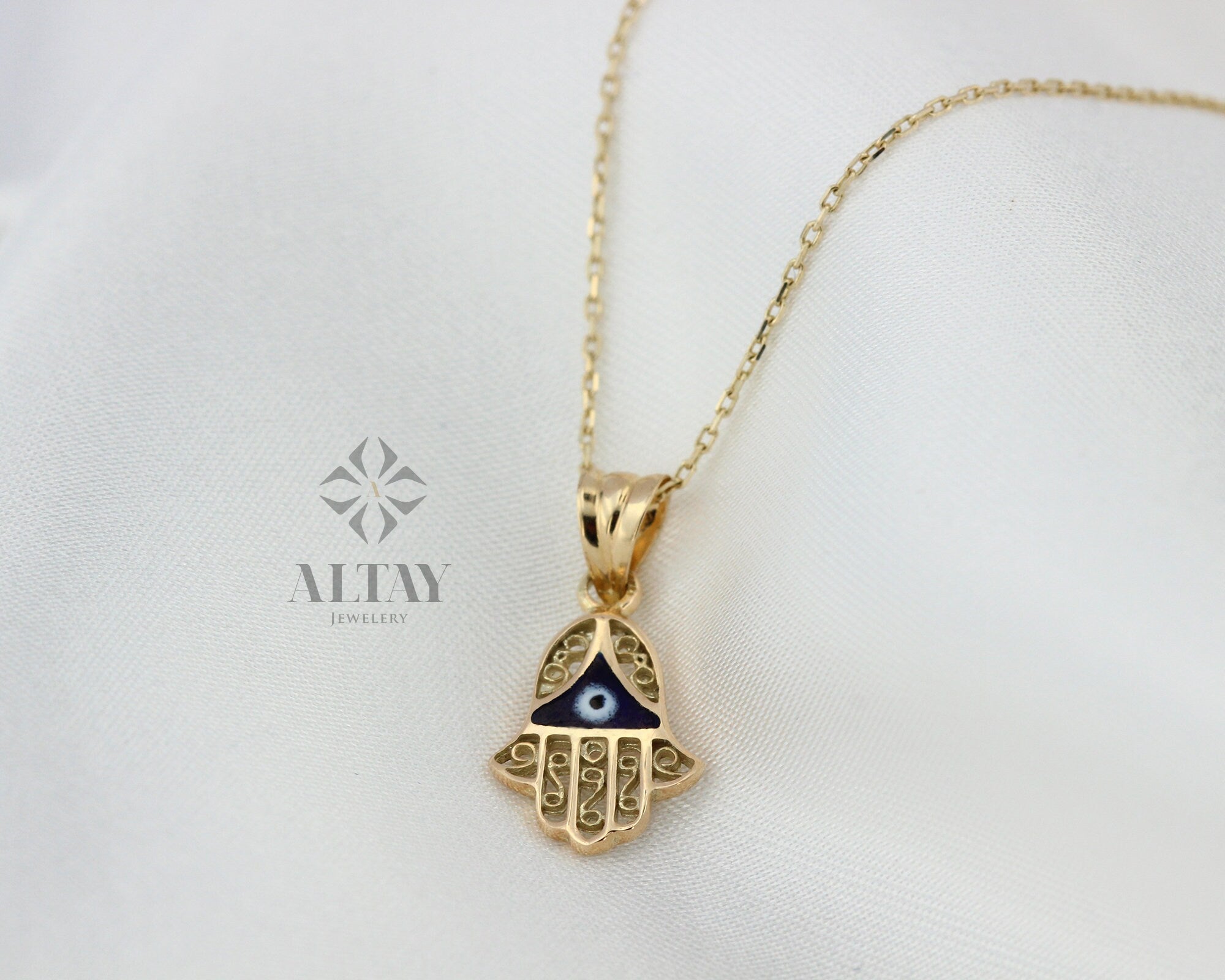 14K Gold Hamsa Pendant Necklace, Hand of Fatima Charm, Evil Eye Necklace, Religious Jewelry, Good Luck Protection Symbol, Gift For Her