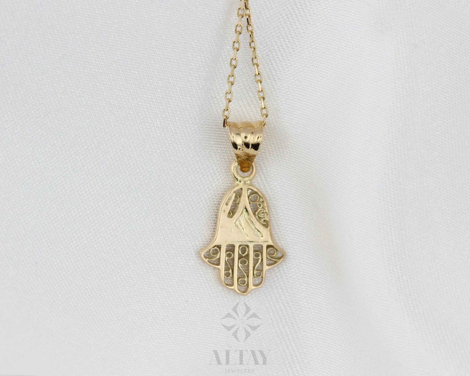 14K Gold Hamsa Pendant Necklace, Hand of Fatima Charm, Evil Eye Necklace, Religious Jewelry, Good Luck Protection Symbol, Gift For Her