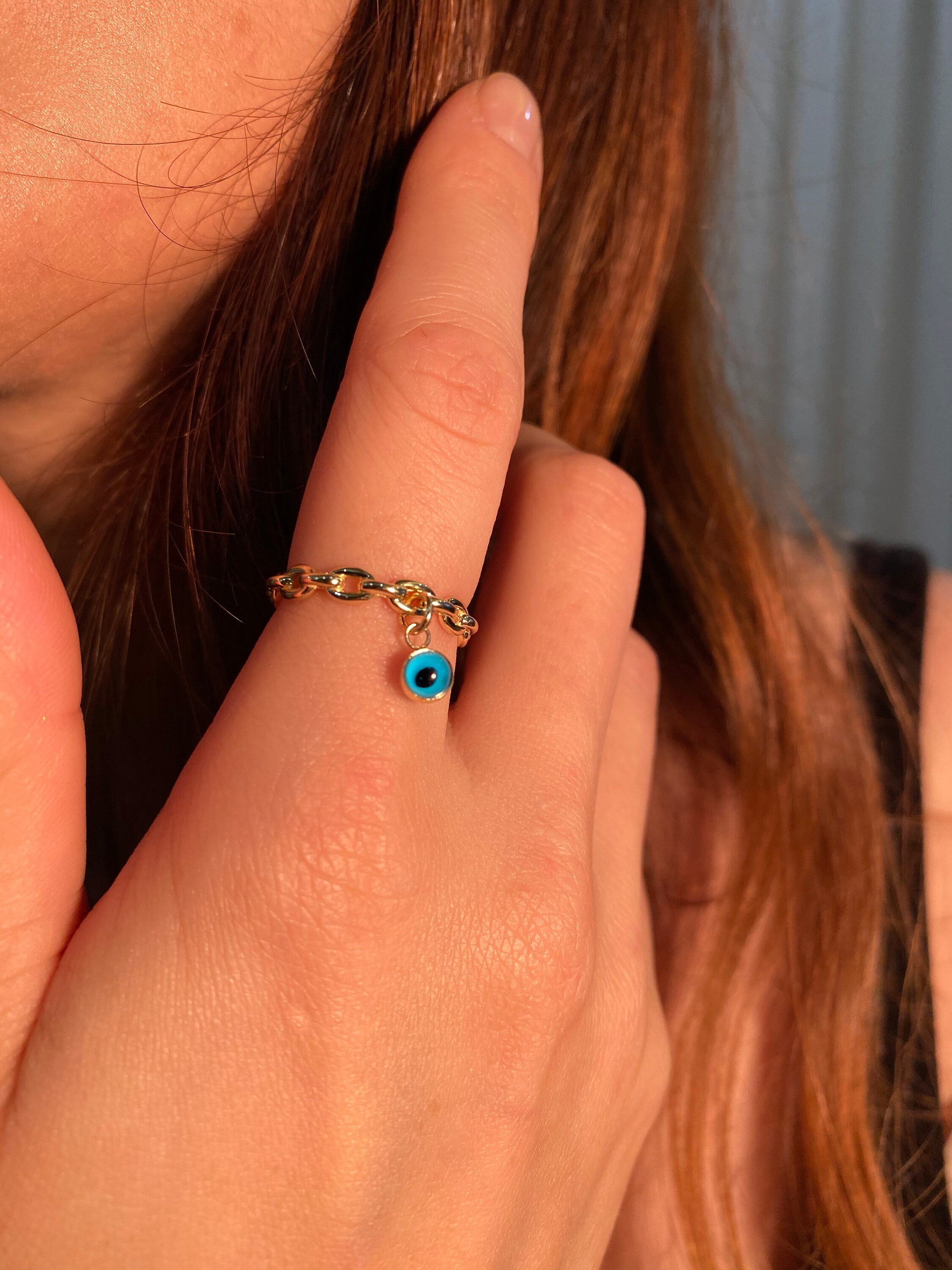 14K Gold Evil Eye Link Ring, Evil Eye Charm Ring, Good Luck Symbol, Turquoise Stone Ring, Protection Ring, Gift For Her, Minimalist Jewelry