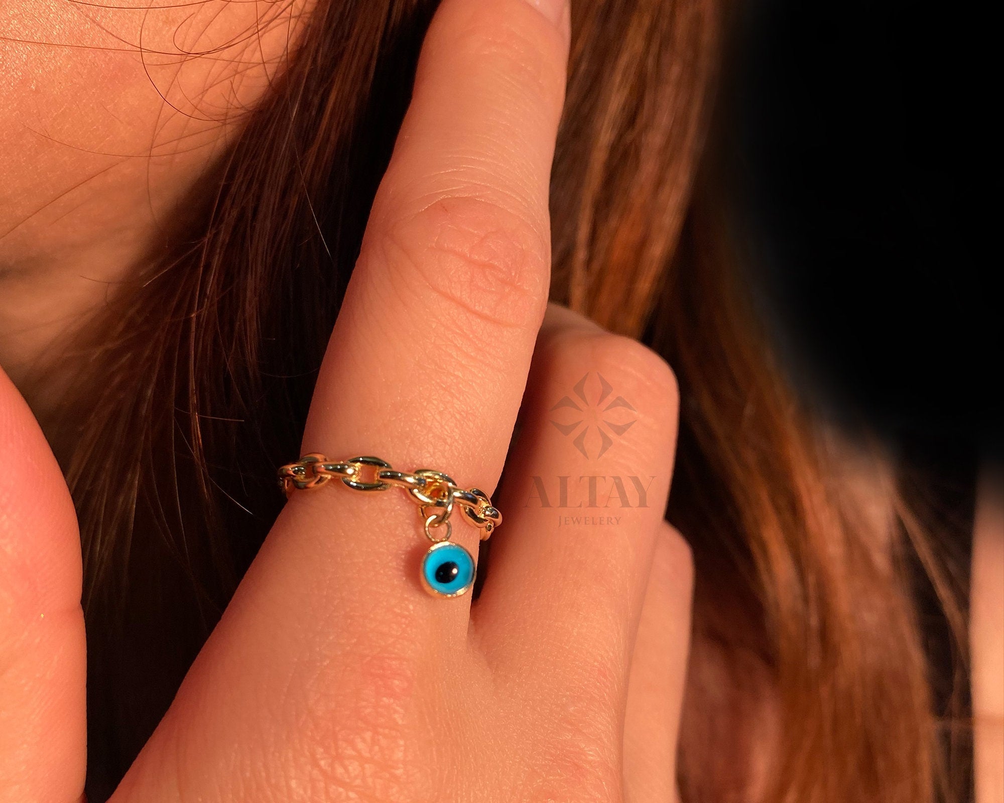 14K Gold Evil Eye Link Ring, Evil Eye Charm Ring, Good Luck Symbol, Turquoise Stone Ring, Protection Ring, Gift For Her, Minimalist Jewelry