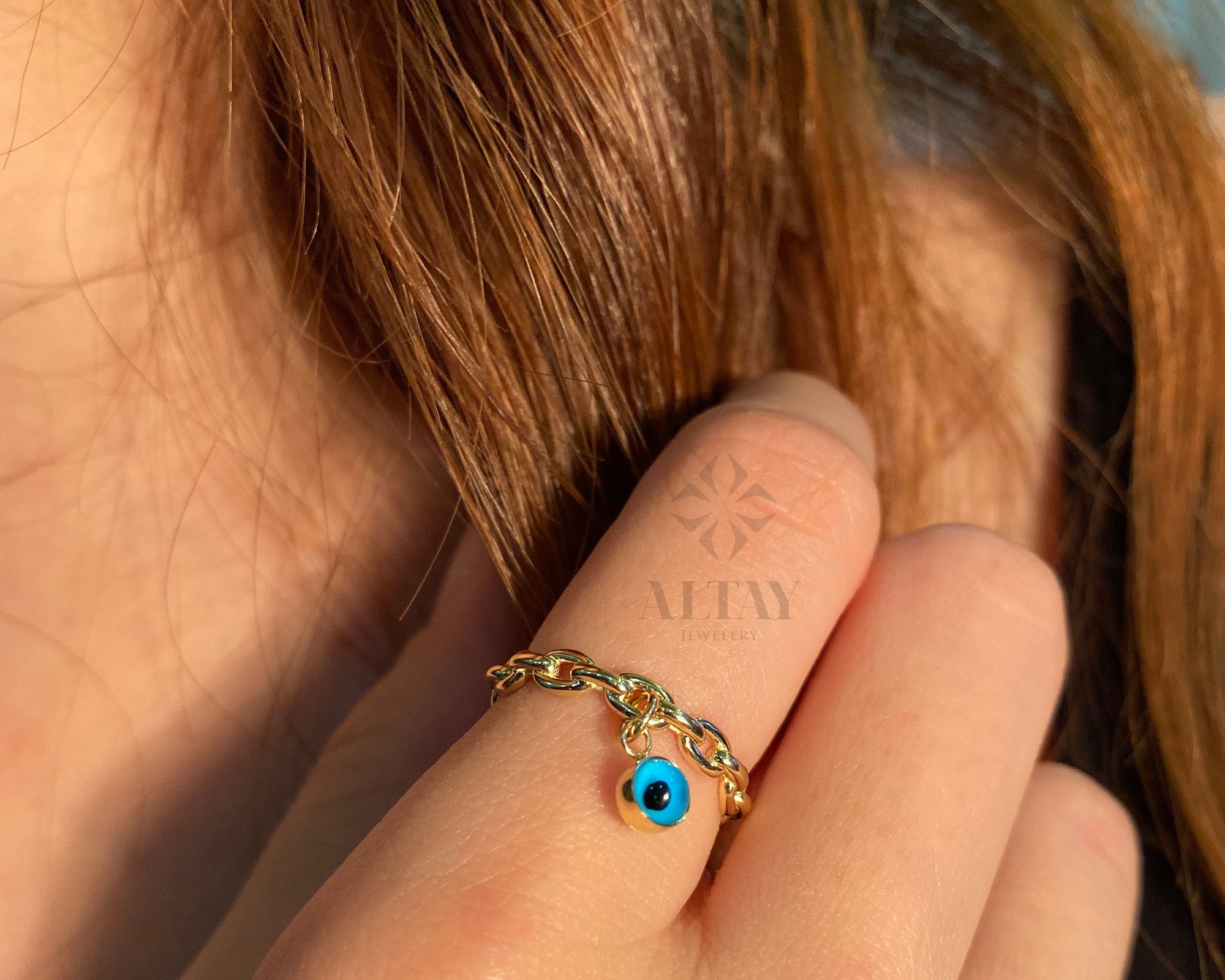 14K Gold Evil Eye Link Ring, Evil Eye Charm Ring, Good Luck Symbol, Turquoise Stone Ring, Protection Ring, Gift For Her, Minimalist Jewelry