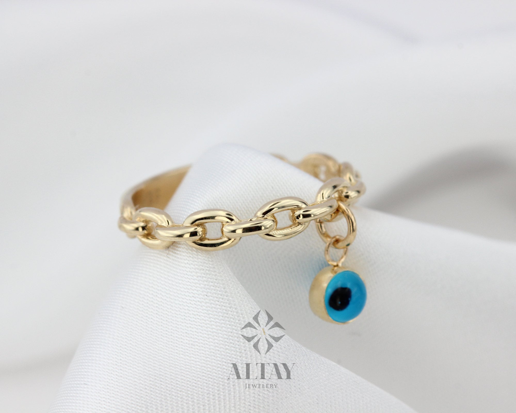 14K Gold Evil Eye Link Ring, Evil Eye Charm Ring, Good Luck Symbol, Turquoise Stone Ring, Protection Ring, Gift For Her, Minimalist Jewelry