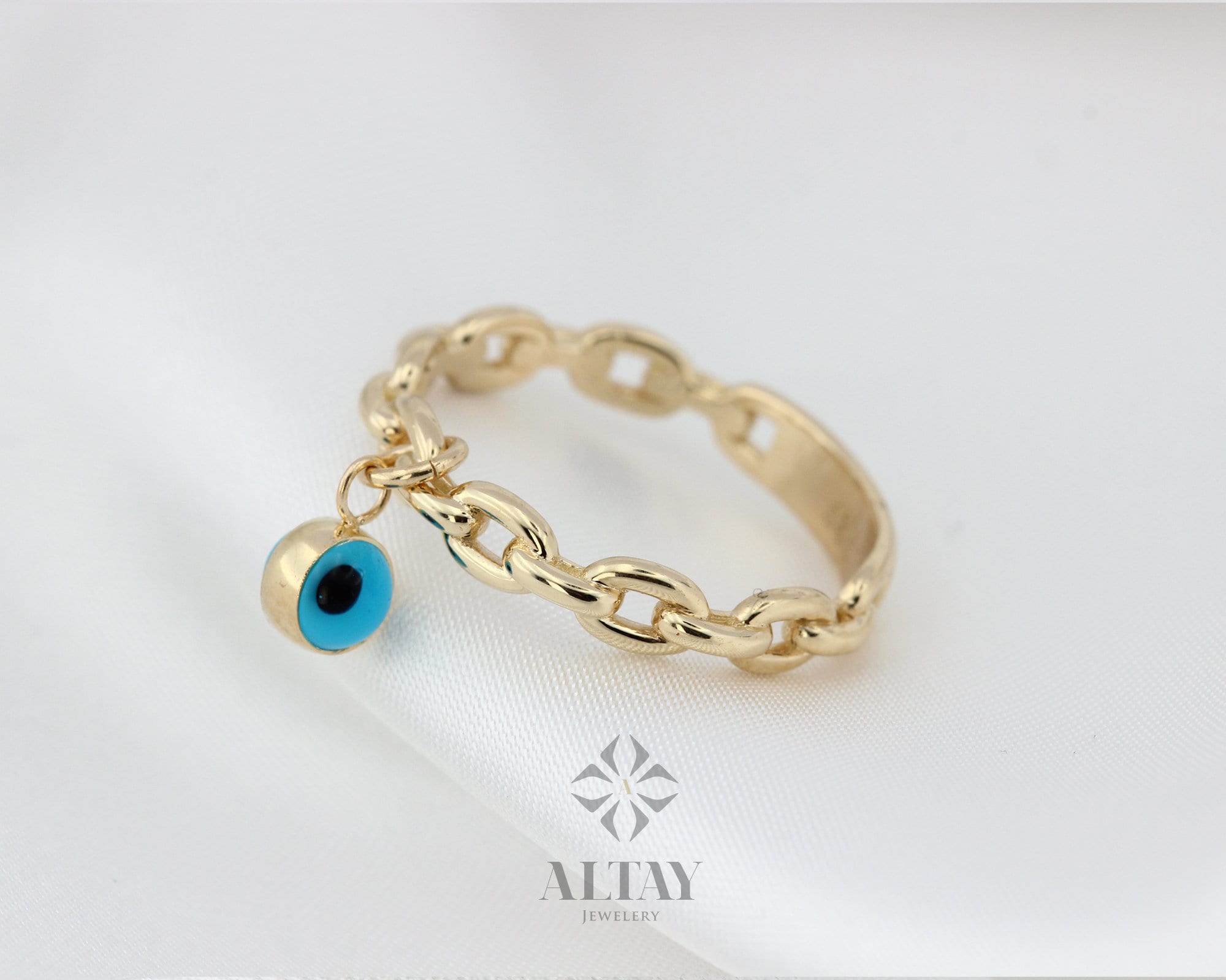 14K Gold Evil Eye Link Ring, Evil Eye Charm Ring, Good Luck Symbol, Turquoise Stone Ring, Protection Ring, Gift For Her, Minimalist Jewelry