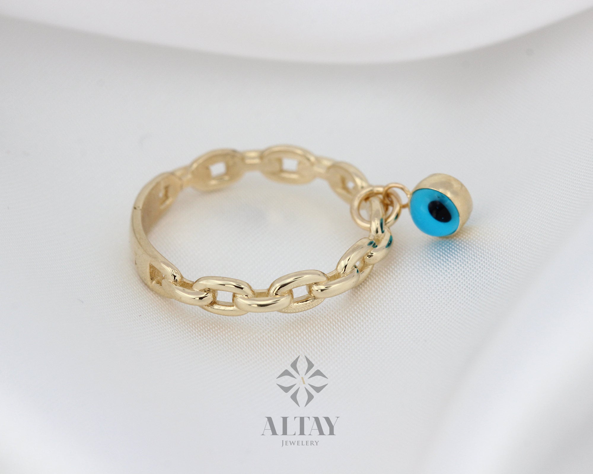 14K Gold Evil Eye Link Ring, Evil Eye Charm Ring, Good Luck Symbol, Turquoise Stone Ring, Protection Ring, Gift For Her, Minimalist Jewelry