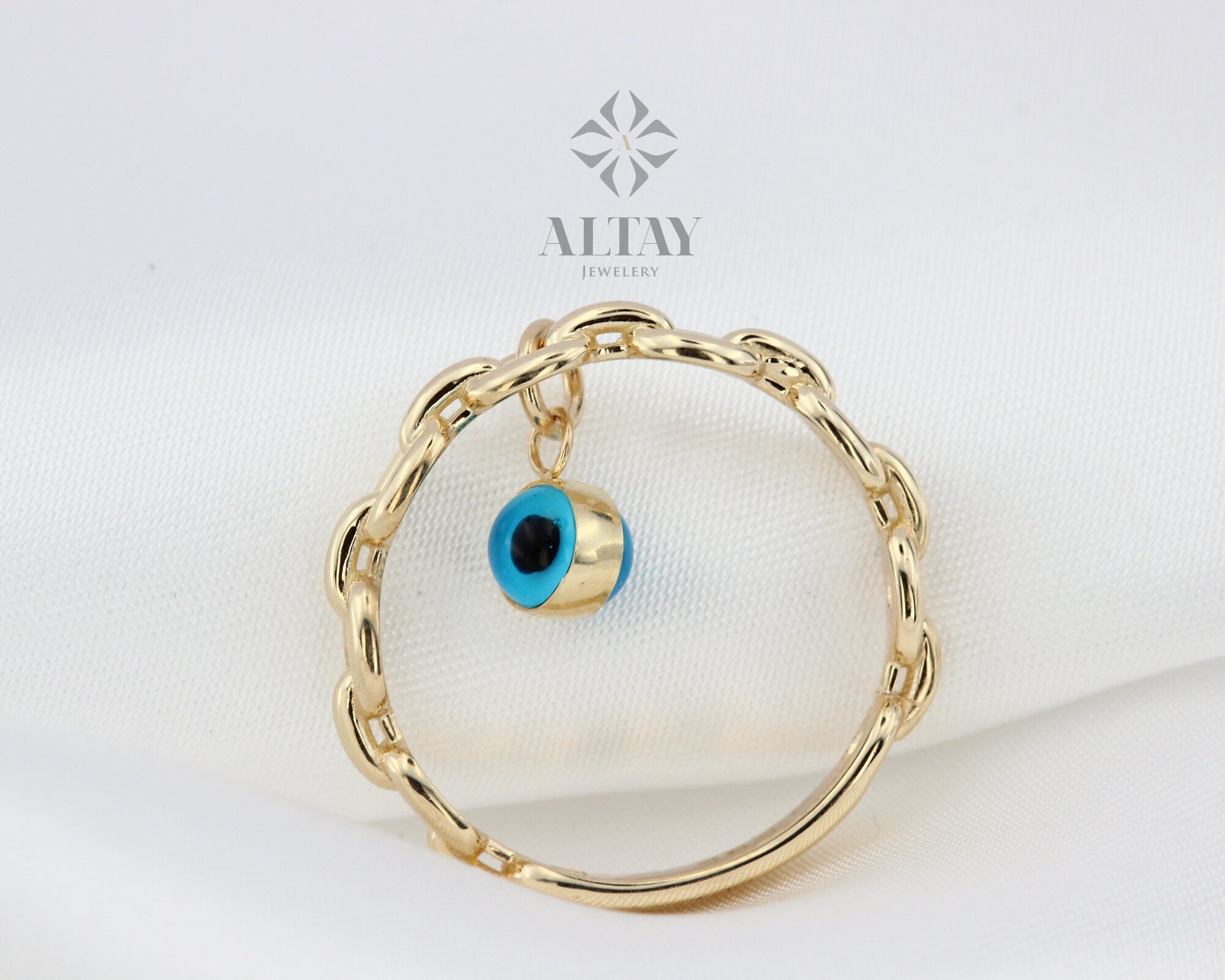 14K Gold Evil Eye Link Ring, Evil Eye Charm Ring, Good Luck Symbol, Turquoise Stone Ring, Protection Ring, Gift For Her, Minimalist Jewelry