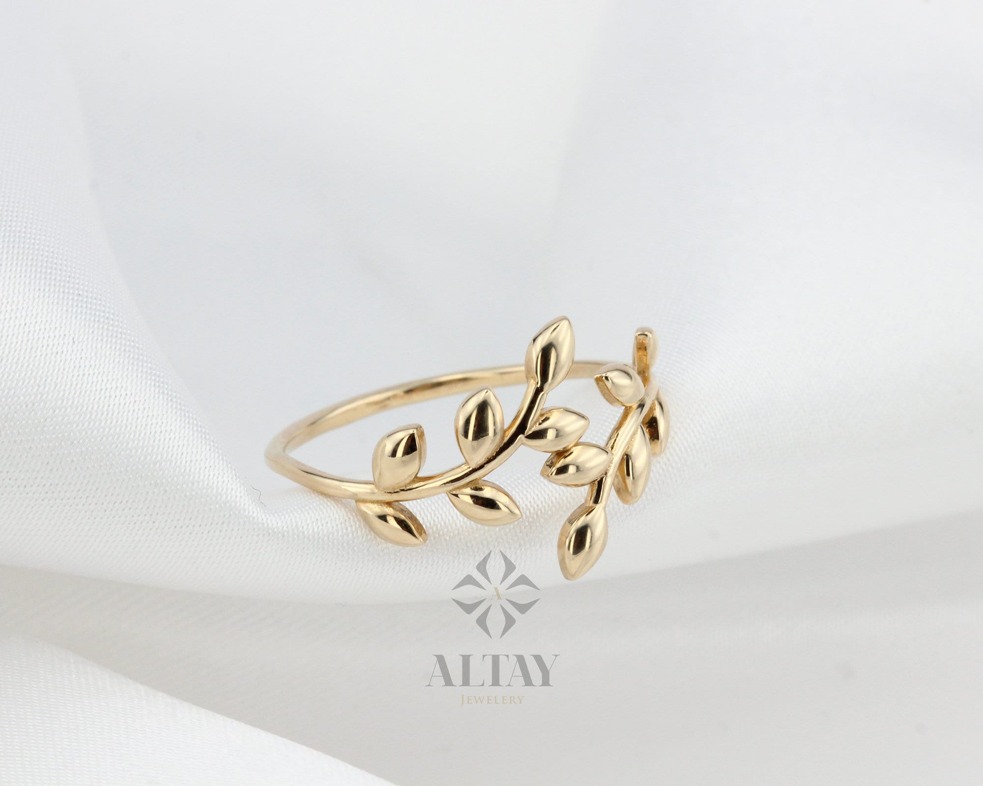 14K Gold Leaf Ring, Olive Leaf Ring, Botanical Wedding Ring, Dainty Floral Ring, Unique Stacking Nature Ring, Eternity Vine Band Branch Ring