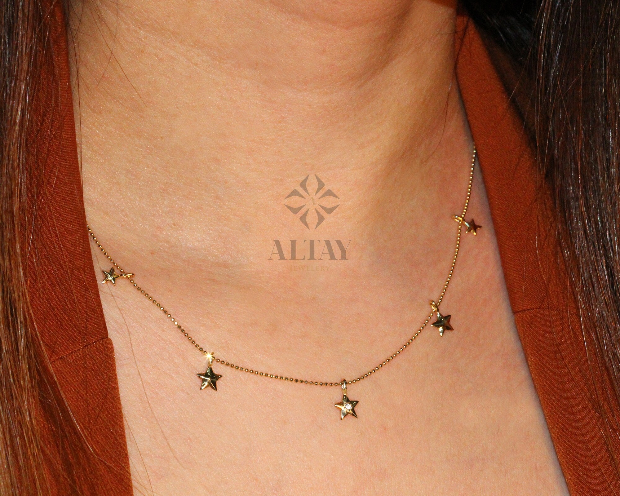 14K Gold Gold Star Necklace, Charm Necklace, Gold Star, Gold Chain Necklace, Dainty Gold, Star Pendant, Layered Gold Choker Celestial