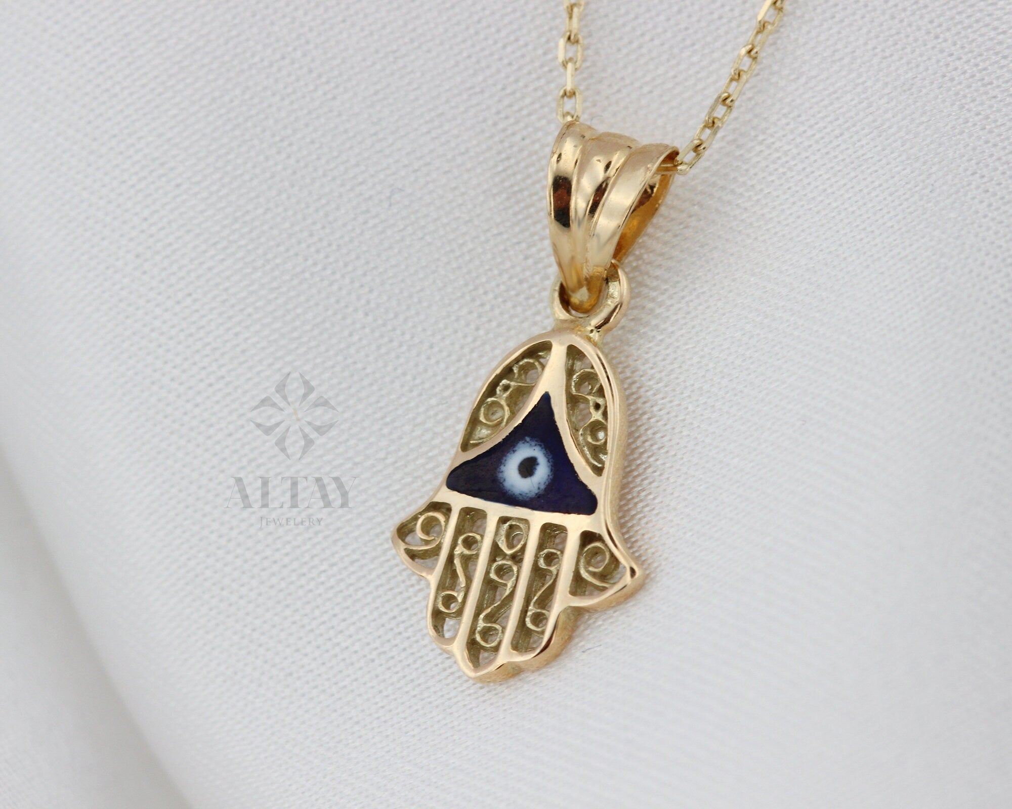 14K Gold Hamsa Pendant Necklace, Hand of Fatima Charm, Evil Eye Necklace, Religious Jewelry, Good Luck Protection Symbol, Gift For Her