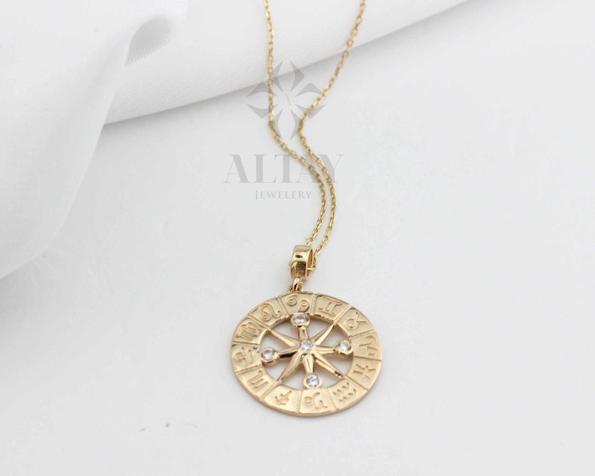 14K Gold Zodiac Compass Necklace, Horoscope Sign Coin Pendant, Medallion Zodiac Charm, Layered Birthstone Necklace, Celestial Jewelry, Gift