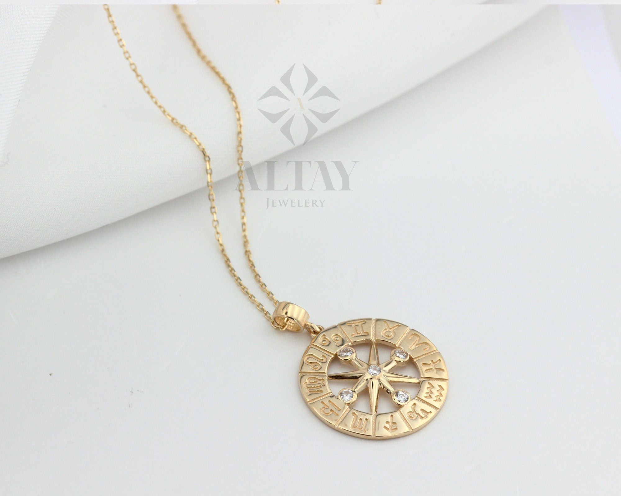 14K Gold Zodiac Compass Necklace, Horoscope Sign Coin Pendant, Medallion Zodiac Charm, Layered Birthstone Necklace, Celestial Jewelry, Gift