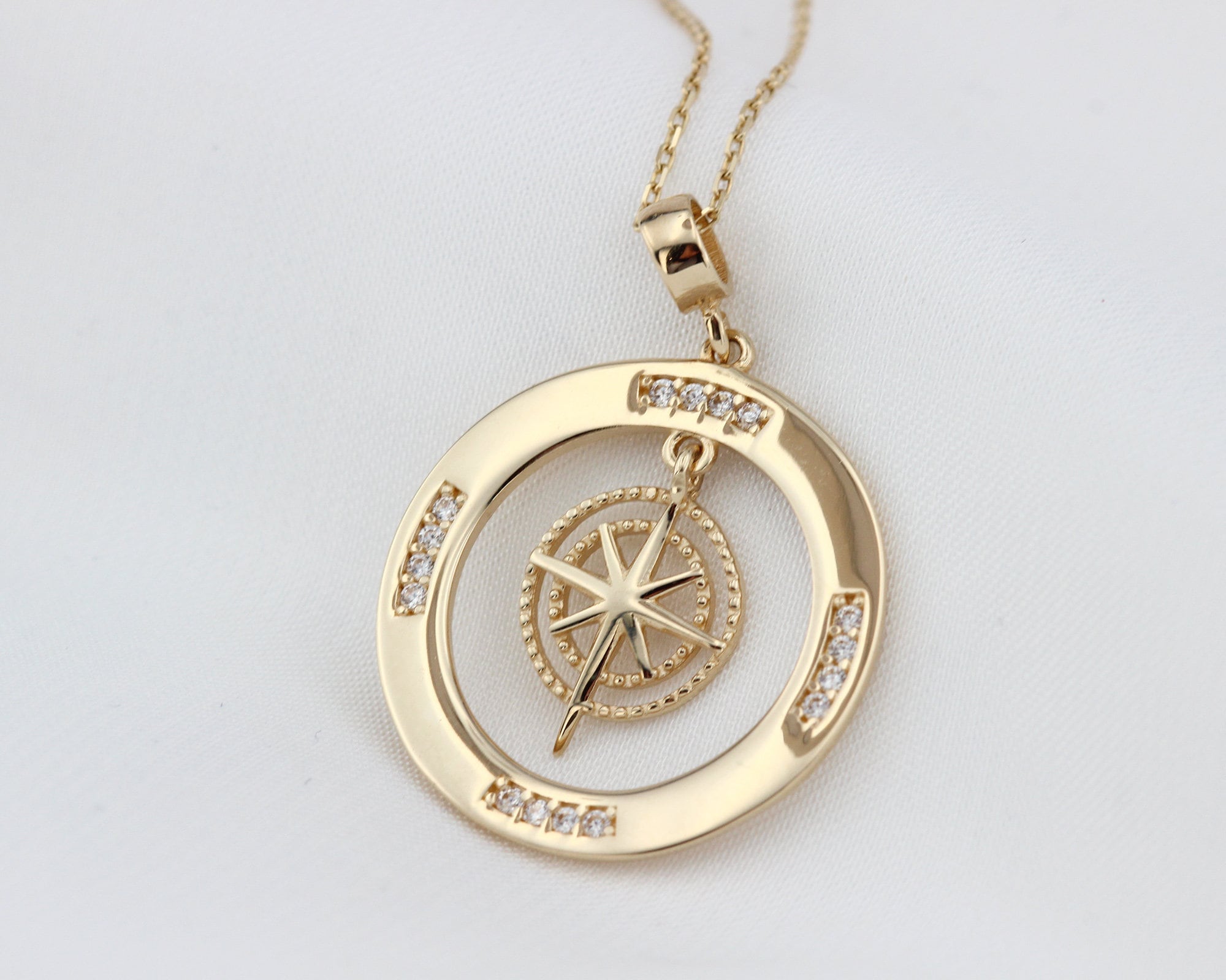 14K Gold Compass Necklace, Zirconia Stones Compass Jewelry, Cz Diamonds Necklace, Compass Charm, Personalized Compass, Custom Pendant