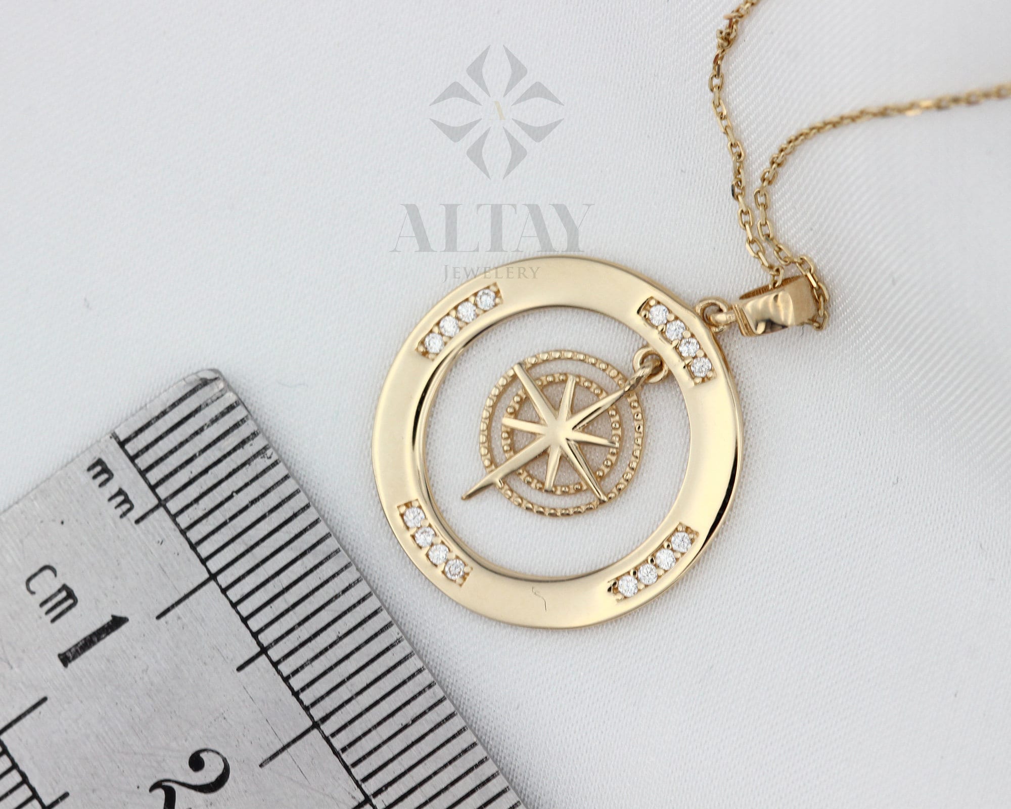 14K Gold Compass Necklace, Zirconia Stones Compass Jewelry, Cz Diamonds Necklace, Compass Charm, Personalized Compass, Custom Pendant