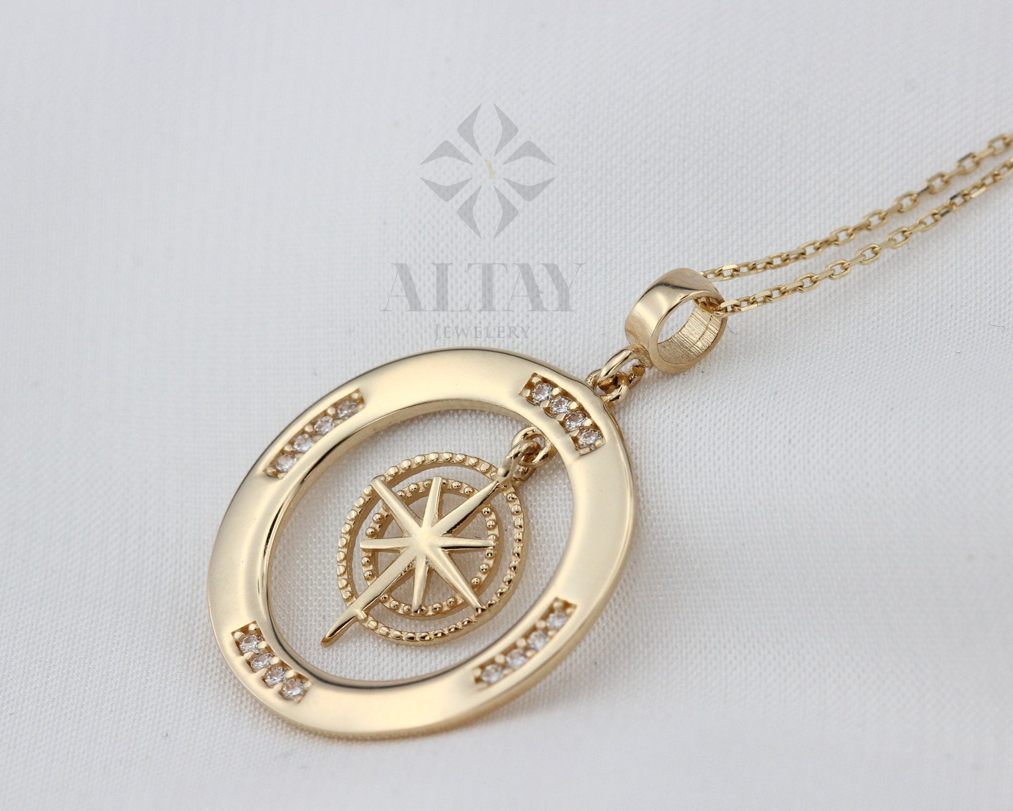 14K Gold Compass Necklace, Zirconia Stones Compass Jewelry, Cz Diamonds Necklace, Compass Charm, Personalized Compass, Custom Pendant