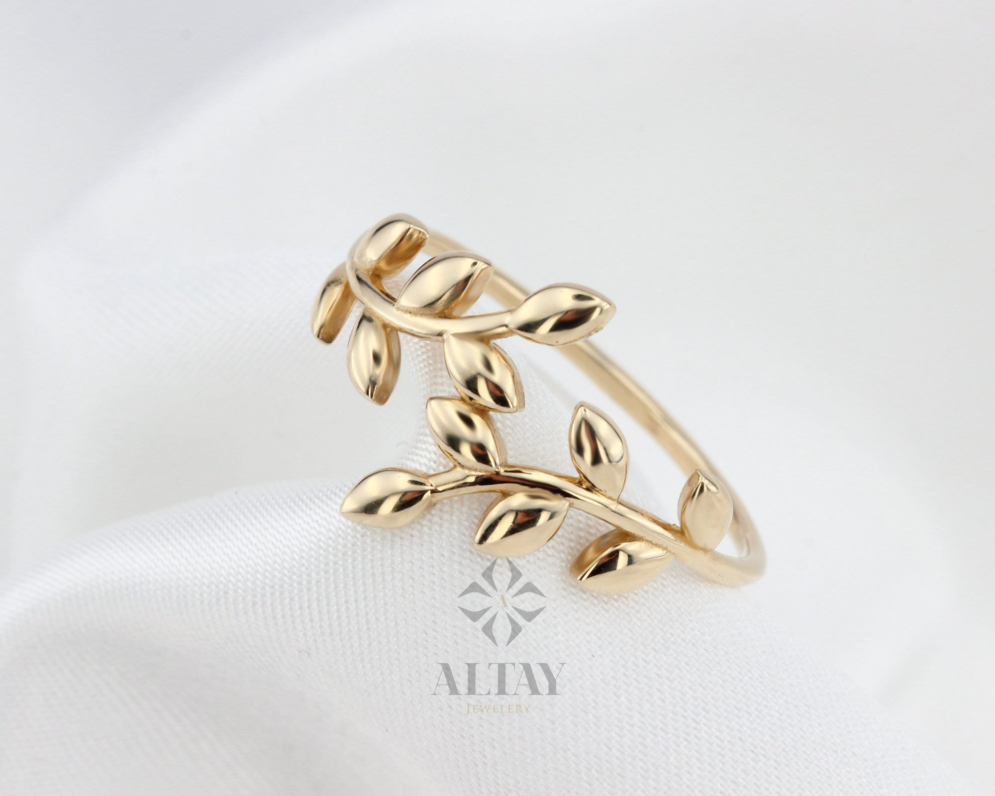 14K Gold Leaf Ring, Olive Leaf Ring, Botanical Wedding Ring, Dainty Floral Ring, Unique Stacking Nature Ring, Eternity Vine Band Branch Ring