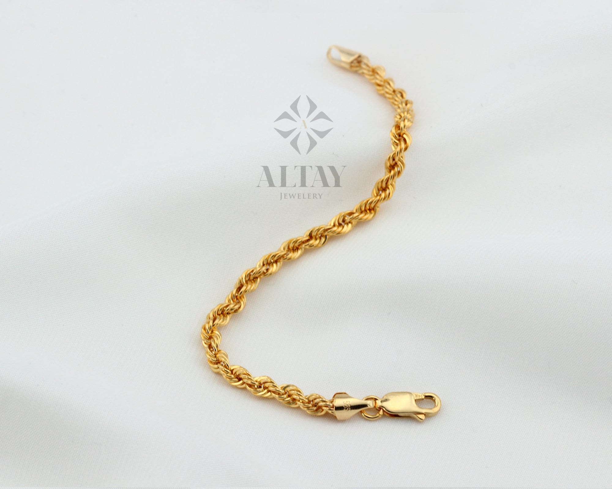 14K Solid Gold Rope Chain Bracelet, Dainty Bracelet, Gift For Her, Unisex Bracelet, Twist Chunky Chain, Fashion Delicate, Stacking Bracelet