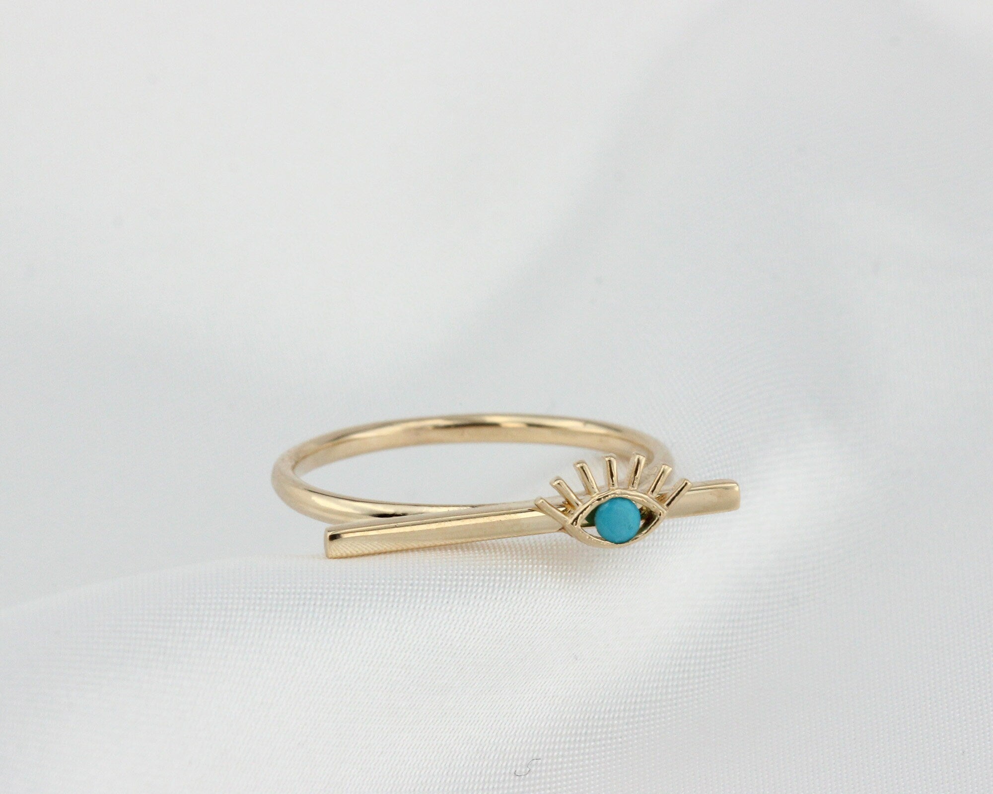 14K Gold Evil Eye Bar Ring, Stackable Dainty Ring, Turquoise Ring, Good Luck Symbol, Minimalist Jewelery, Birthday Bridesmaid Gift, Delicate